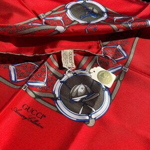 Vintage GUCCI Red Logo Equestrian Scarf Square Silk Carre 34"